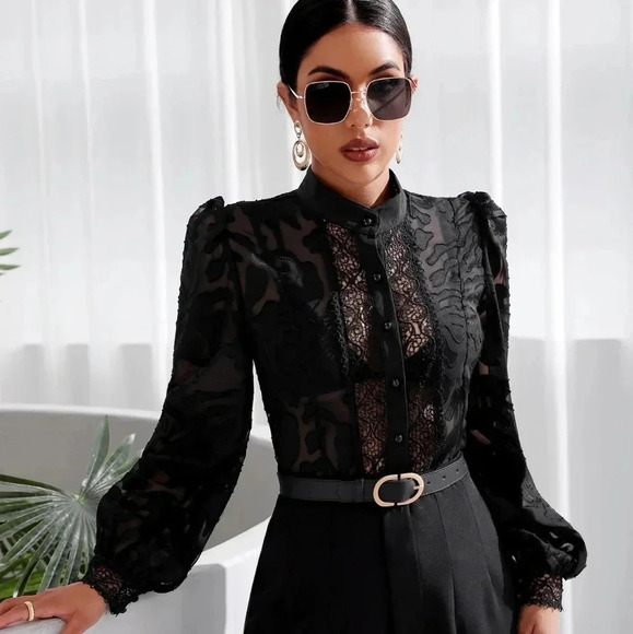 Contrast Lace Lantern Sleeve Mock Neck Going Out  Black Shirt Withou - Picture 1 of 7